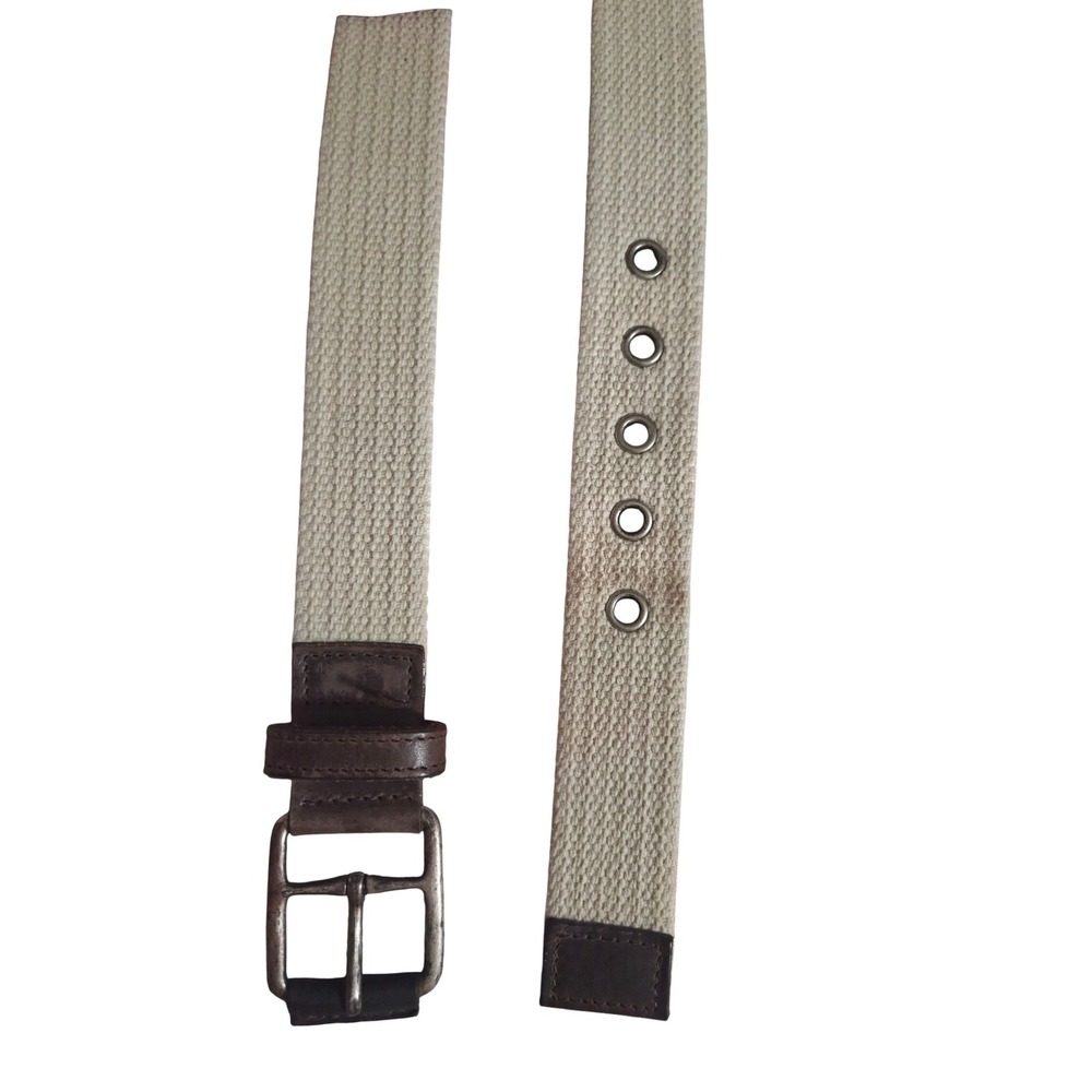 GAP Mens Canvas Web Belt Brown Leather Trim Silver Buckle Size 32